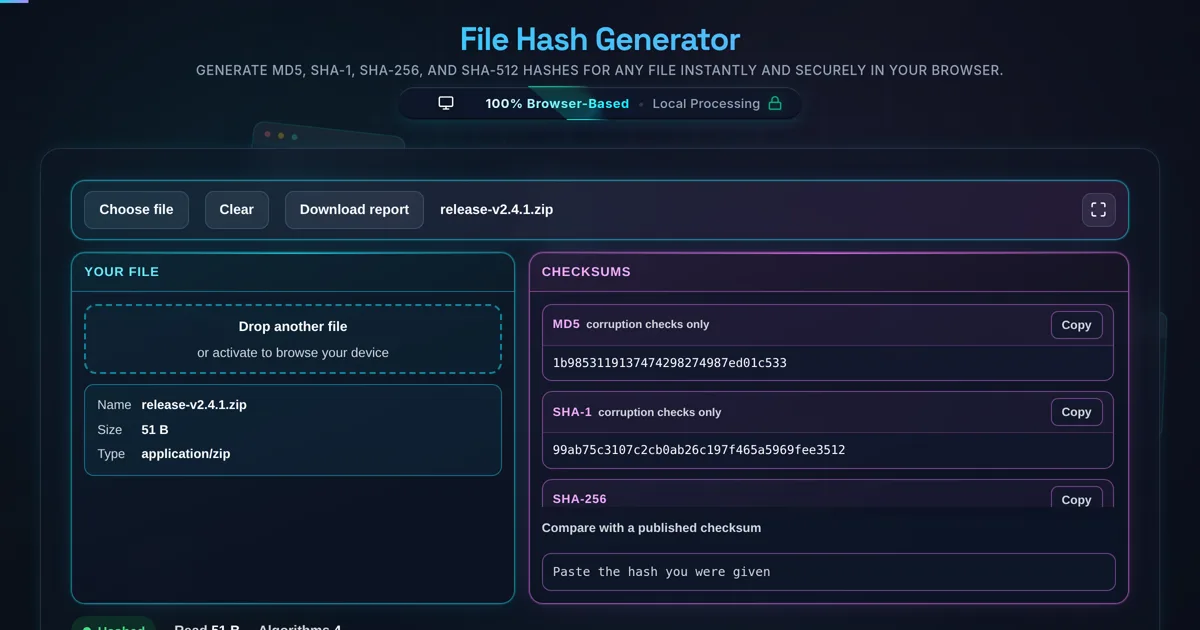 The File Hash Generator showing a hashed release archive alongside its four checksums and a 100% browser-based privacy badge