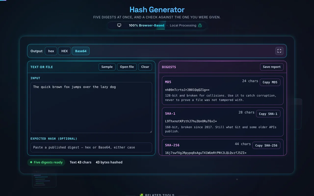 The same page with Output switched to Base64: each digest card now shows a shorter Base64 string, and the character count beside each label has changed to match