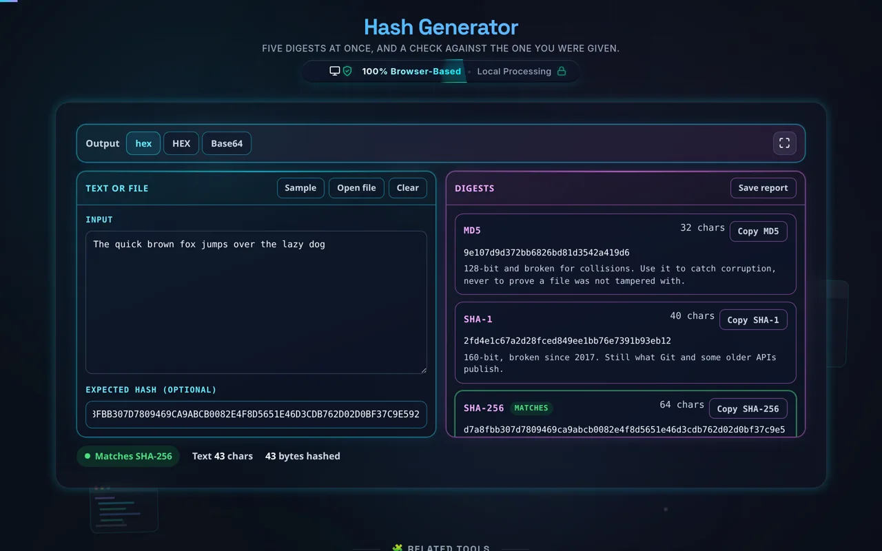 The Hash Generator in dark mode with a SHA-256 value pasted into the Expected hash field: the SHA-256 card carries a green matches badge and a green border, and the MD5, SHA-1, SHA-384 and SHA-512 cards beside it are unmarked