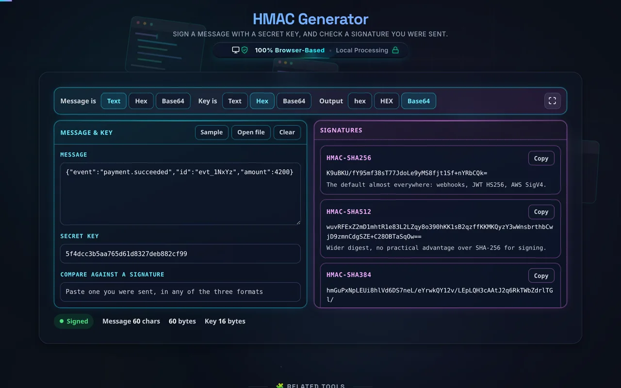 The same page with Key is switched to Hex and Output switched to Base64: the secret typed as 32 hexadecimal digits, and each signature card showing a Base64 digest instead of hex