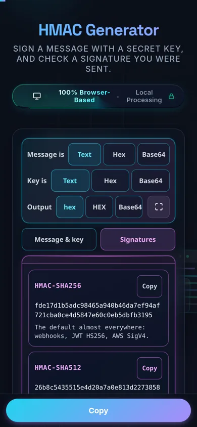 The HMAC Generator on a 390-pixel phone: three labelled rows of encoding buttons, a tab strip switching between Message and key and Signatures, and the signature cards filling the width one under the other