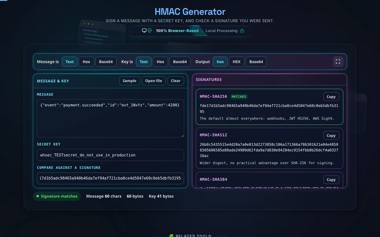 A signature pasted into the Compare against a signature field: the HMAC-SHA256 card outlined in green with a MATCHES badge next to its name, and the status line under the tool reading Signature matches
