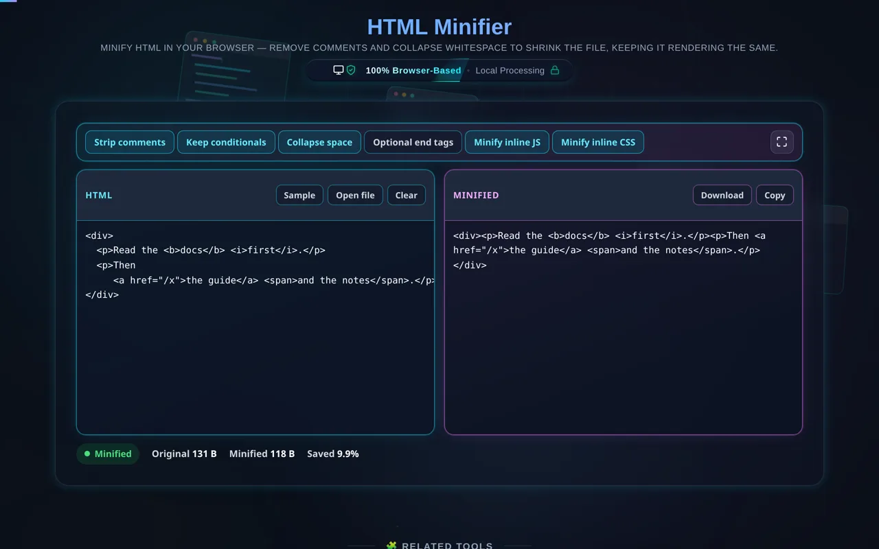 A two-paragraph document in the minifier: the indentation between the paragraphs has gone in the output pane, while the single spaces between the bold, italic, anchor and span elements inside them are still there