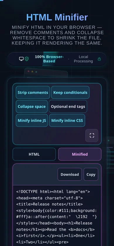 The minifier on a 390-pixel phone: the six option switches wrapped into three rows, a tab strip switching between HTML and Minified, and the minified output filling the pane below it