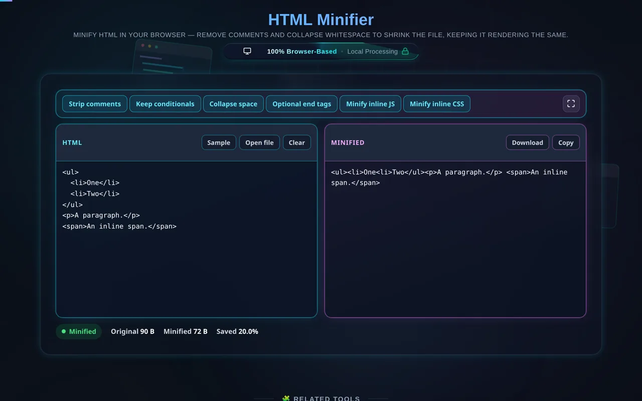 The minifier with Drop optional end tags turned on: in the output the list item end tags have gone and so has the paragraph end tag before the list, while the paragraph end tag standing before an inline span is still there