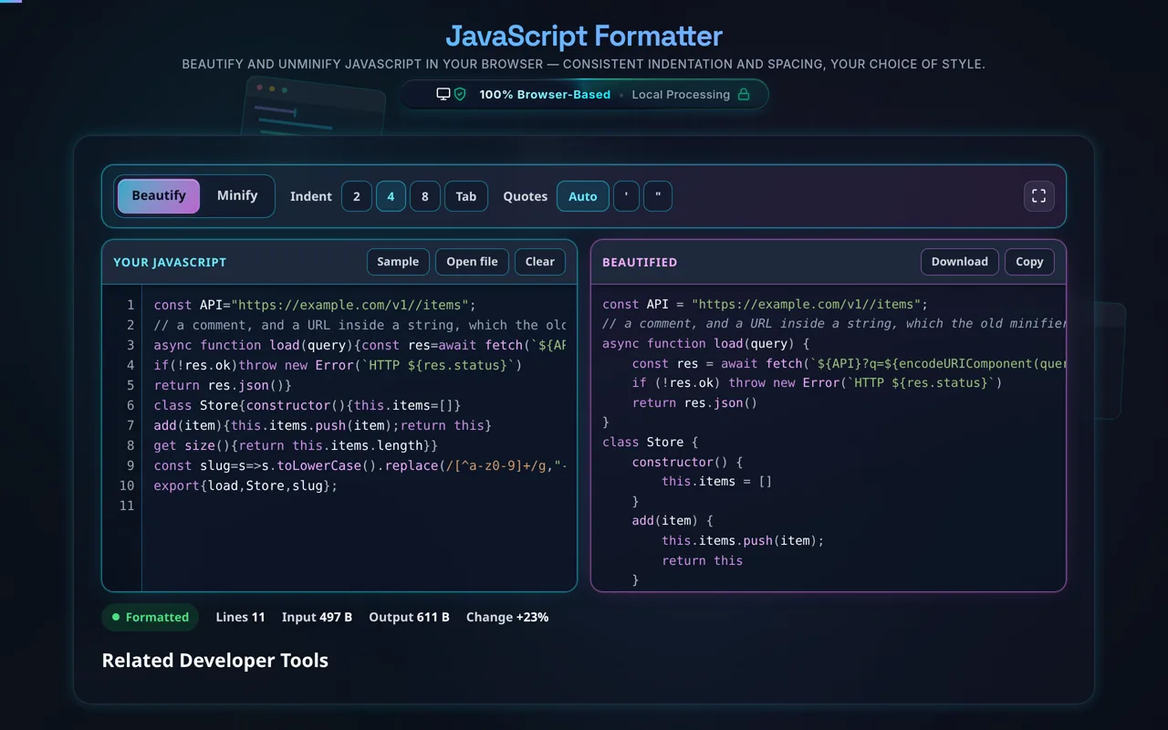The JavaScript Formatter in dark mode: minified source in the cyan Your JavaScript pane on the left with numbered lines, the same code re-indented in the magenta Beautified pane on the right, and a green Formatted pill reading 11 lines, 497 B in, 611 B out