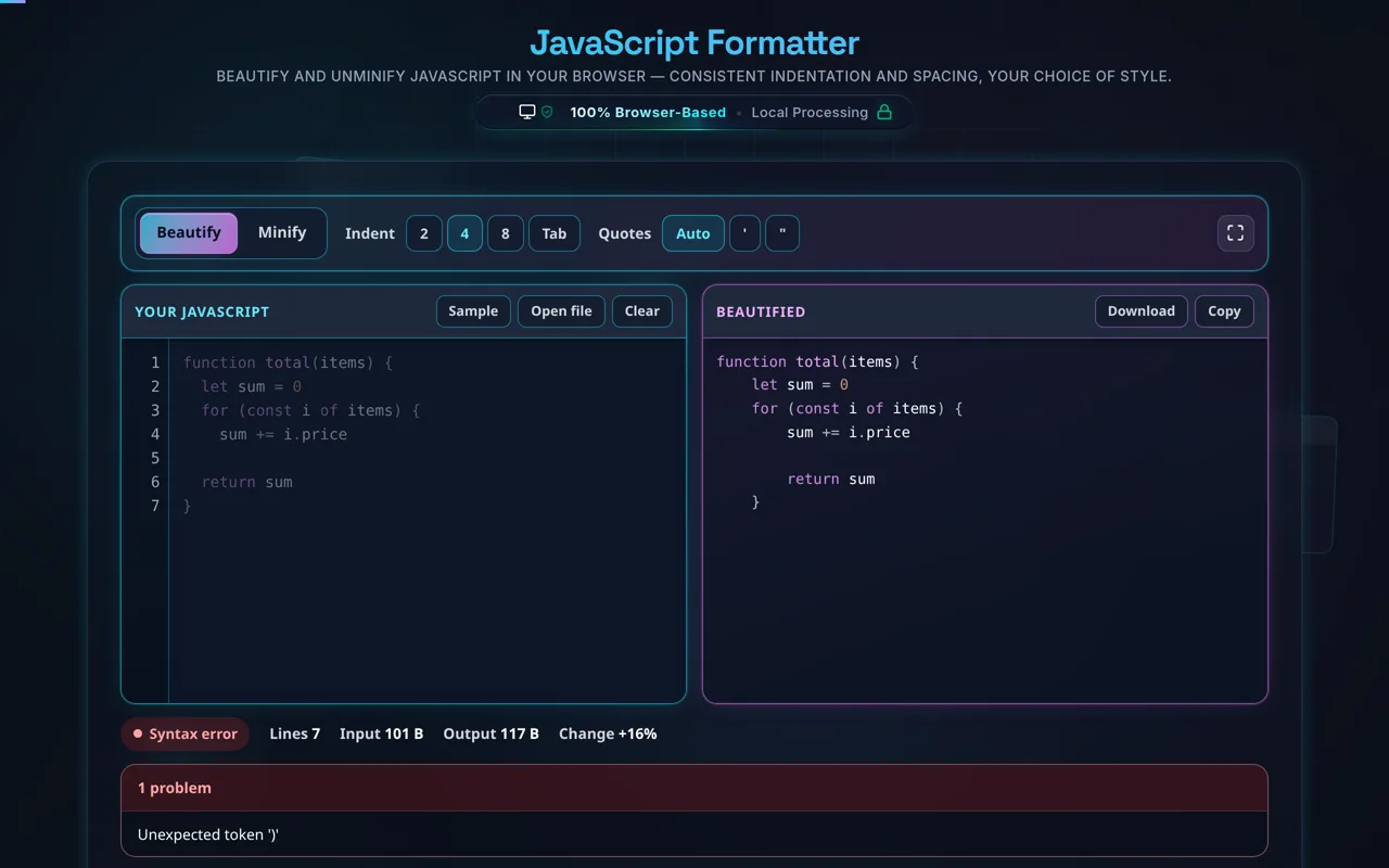 A function missing a closing brace: the formatter has re-indented it anyway in the magenta pane, the status pill reads Syntax error in red, and a panel below reads 1 problem, Unexpected token close-parenthesis