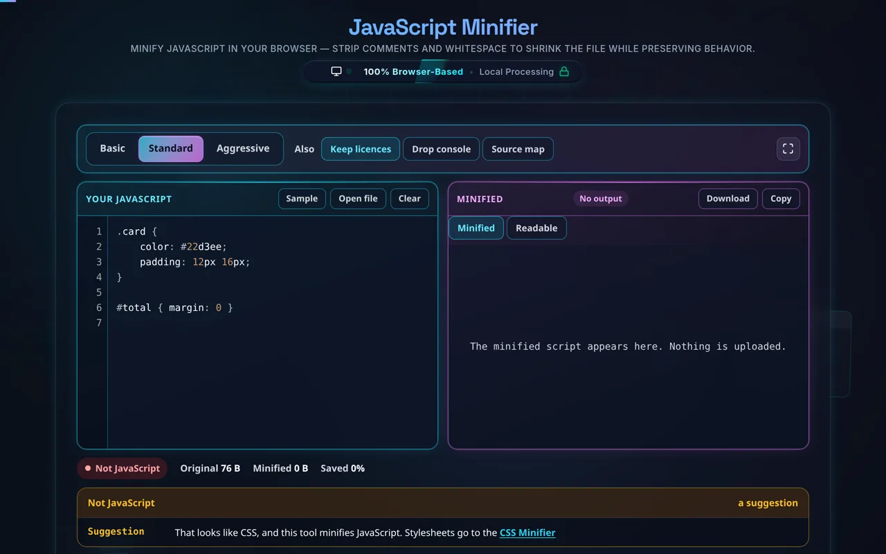 A stylesheet pasted into the JavaScript minifier. The output pane is empty, the status reads Not JavaScript, and a suggestion below it reads That looks like CSS, and this tool minifies JavaScript, with a link to the CSS Minifier.