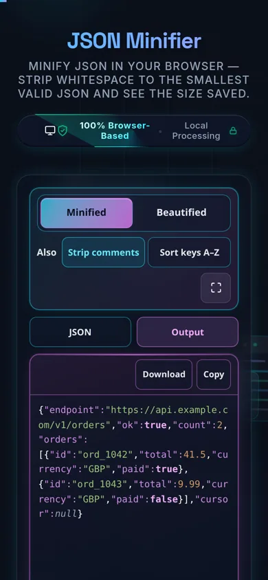 The JSON Minifier on a 390-pixel phone: the Minified and Beautified segment and the two switches stacked across the top, a tab strip switching between the JSON and Output panes, and the minified result wrapping inside the pane rather than scrolling sideways