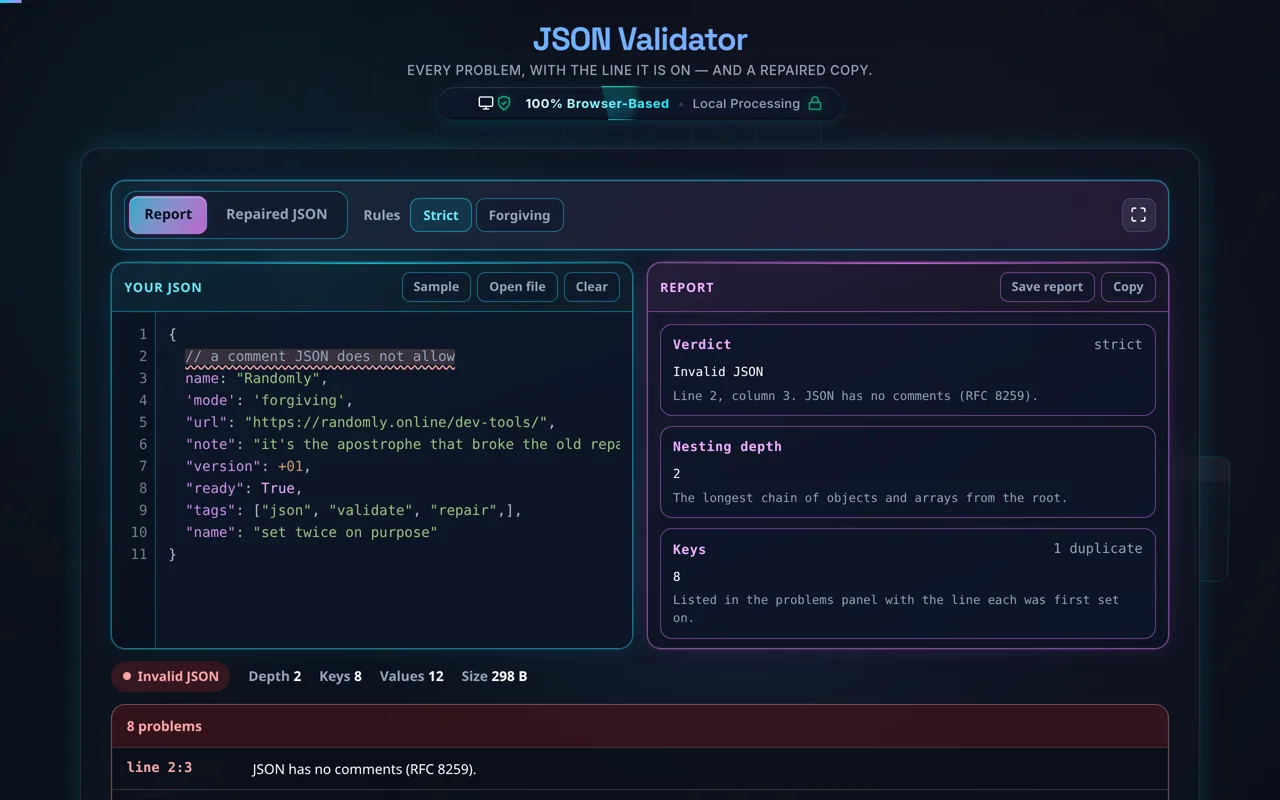 The JSON validator in dark mode: an eleven-line document in the cyan editor pane on the left with the illegal comment on line 2 underlined in red, and the magenta pane on the right showing the report — a Verdict card reading "Invalid JSON" and naming line 2, column 3, then Nesting depth 2 and Keys 8 with one duplicate