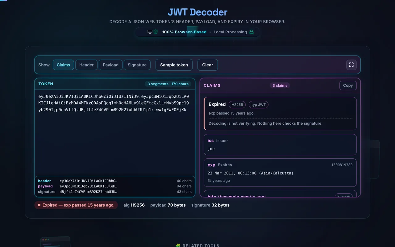 The decoder with the example token from RFC 7519 pasted. The verdict reads Expired with HS256 and typ JWT tags and the line: exp passed 15 years ago. The exp claim card below shows the raw value 1300819380 on the right, the date 23 Mar 2011, 00:13:00 in the Asia/Calcutta zone, and the words 15 years ago under it.