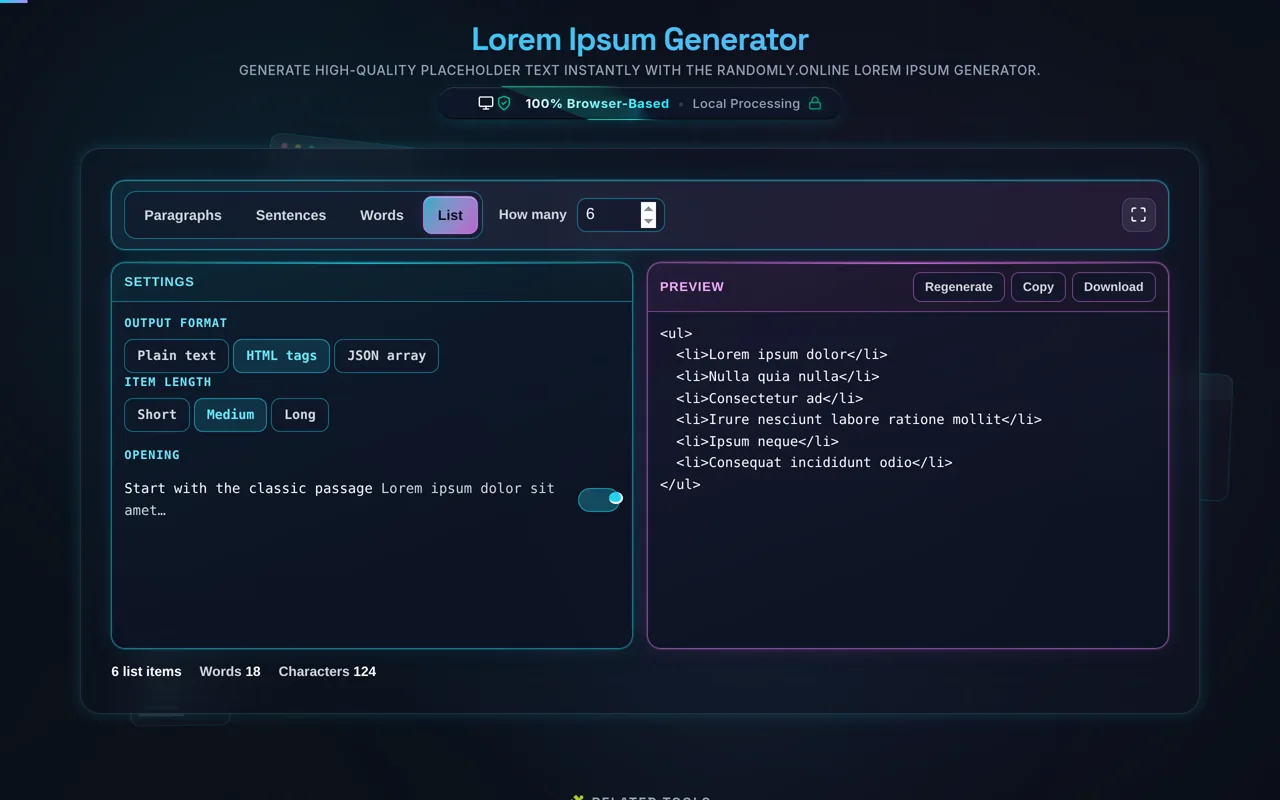The generator with Generate by set to List and Output format set to HTML tags, the Preview pane showing a ul element containing six li elements each holding a two-to-five-word Latin fragment