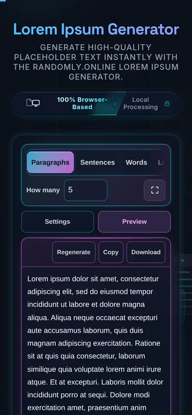 The generator on a 390px phone: the four-mode segmented control as a scrollable strip with the right edge faded, a How many field, Settings and Preview tabs, and the Preview tab open on five generated paragraphs