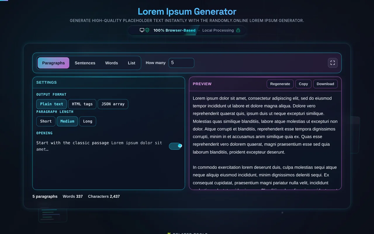 The lorem ipsum generator in dark mode: a Paragraphs, Sentences, Words and List segmented control with a How many field set to five, output format and paragraph length buttons in the cyan Settings pane, five generated paragraphs in the magenta Preview pane, and a stat line reading five paragraphs with word and character counts