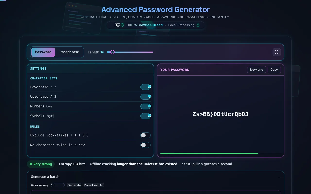 The Generate a batch drawer open below the tool, showing a quantity field set to ten and a textarea holding ten separately generated passwords