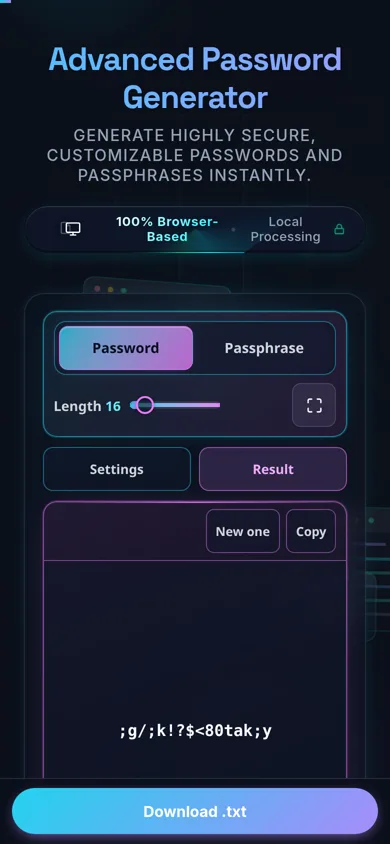 The generator on a 390-pixel phone: the mode segment and length slider stacked in the toolbar, and a tab strip switching between the Settings and Result panes so one fills the screen at a time