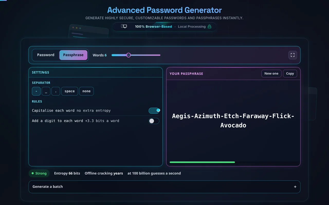 The generator in passphrase mode: a Words slider set to six in the toolbar, separator and rule switches in the cyan Settings pane, a six-word hyphenated passphrase in the magenta result pane, and a stat line reading Strong, entropy 66 bits, offline cracking years