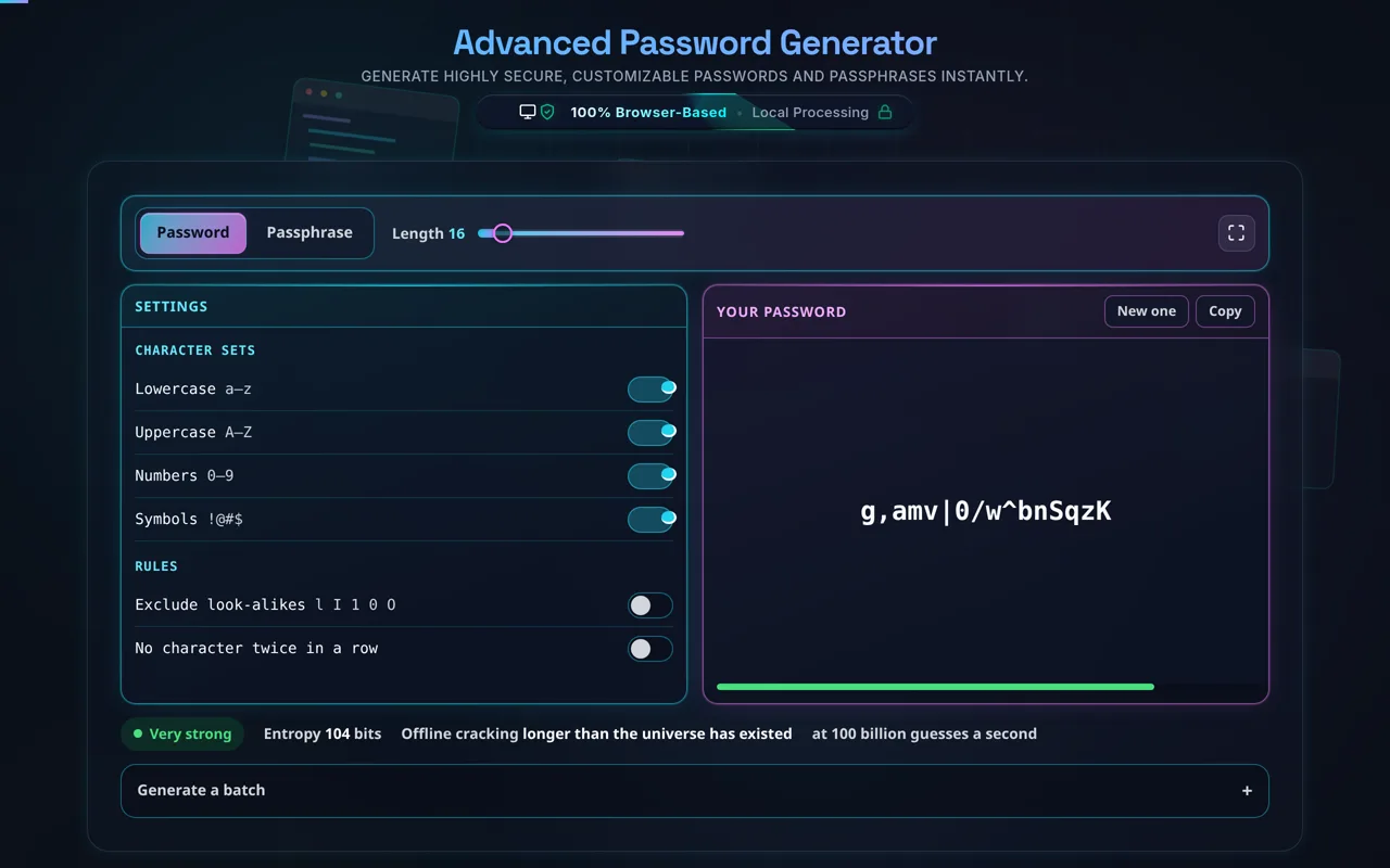 The Advanced Password Generator in dark mode: a Password and Passphrase segment with a length slider set to sixteen, four character-set switches and two rule switches in the cyan Settings pane, a sixteen-character random password in the magenta result pane, and a stat line reading Very strong, entropy 104 bits