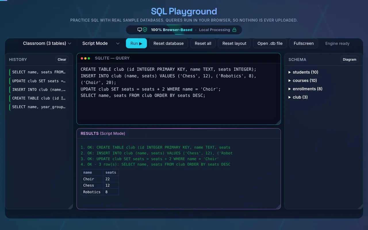 Script Mode with several statements separated by semicolons in the editor and a per-statement log in the output panel below, each line naming the statement and how many rows it affected