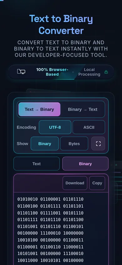 The converter on a 390-pixel phone: the direction segment across the top, encoding and view buttons below it, and a tab strip switching between the Text and Binary panes so one fills the screen at a time