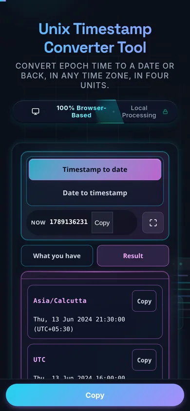 The converter on a phone with the Result tab open, showing result cards for a local zone, UTC and ISO 8601, each with its own Copy button.
