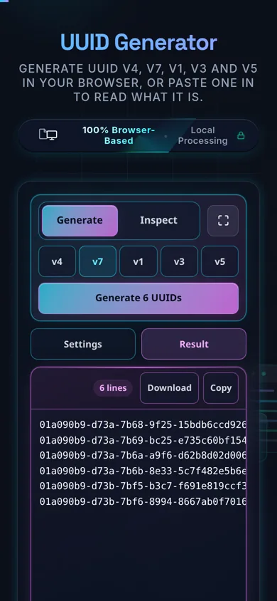 The tool on a phone with the Result tab open, showing six v7 UUIDs all beginning 01a090 above a status line reading 6 UUIDs, version 7. Download and Copy sit in the pane header.