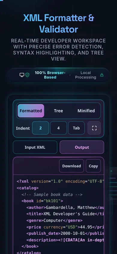 The XML Formatter on a phone screen: the Formatted, Tree and Minified control across the top with the indent buttons under it, then Input XML and Output as two tabs with Output selected, showing the formatted catalogue