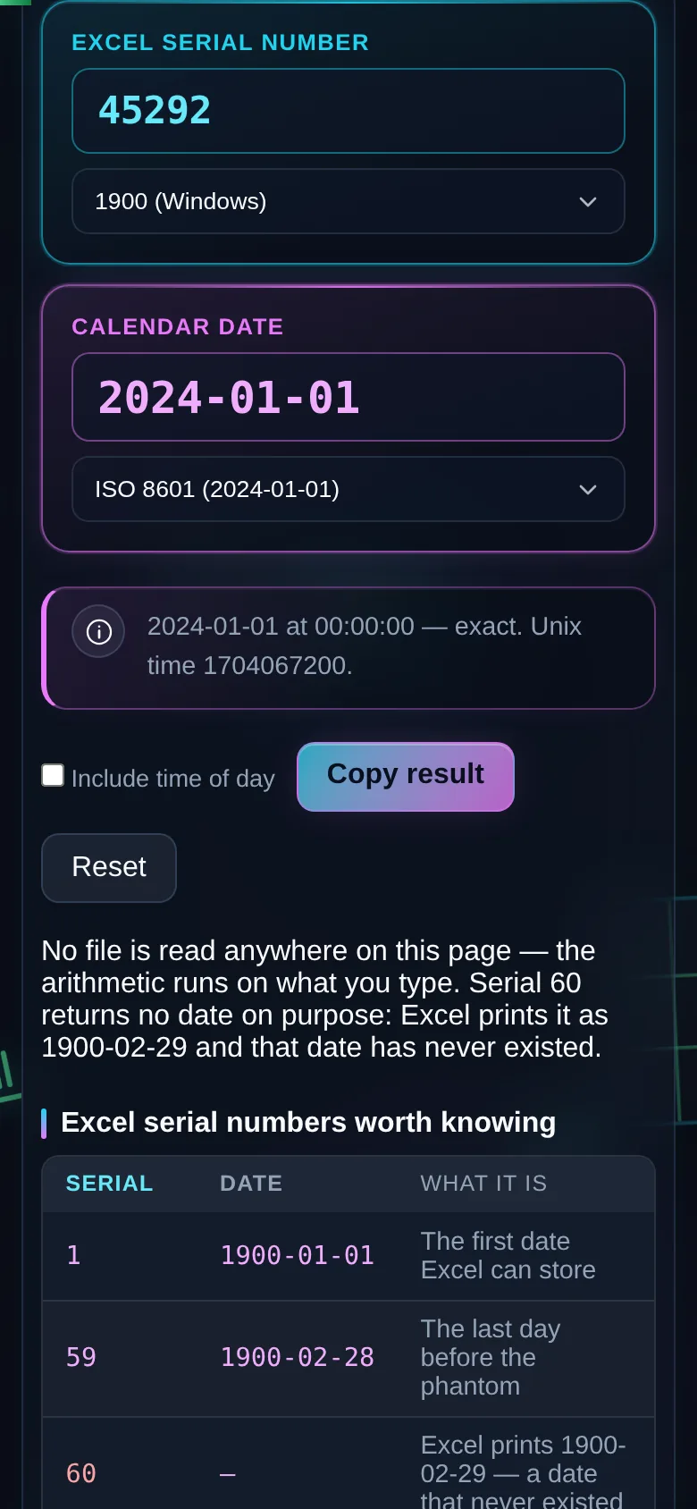 The same converter on a 390 pixel phone screen, with the serial and date panes stacked.