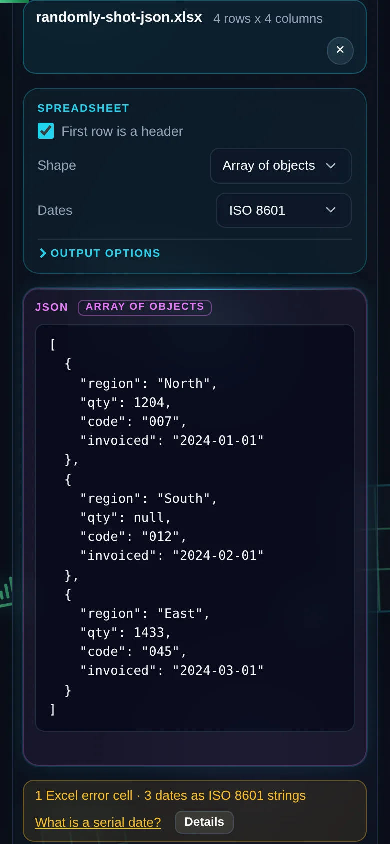 The same converter on a 390 pixel phone screen, with the shape selector above the JSON output.