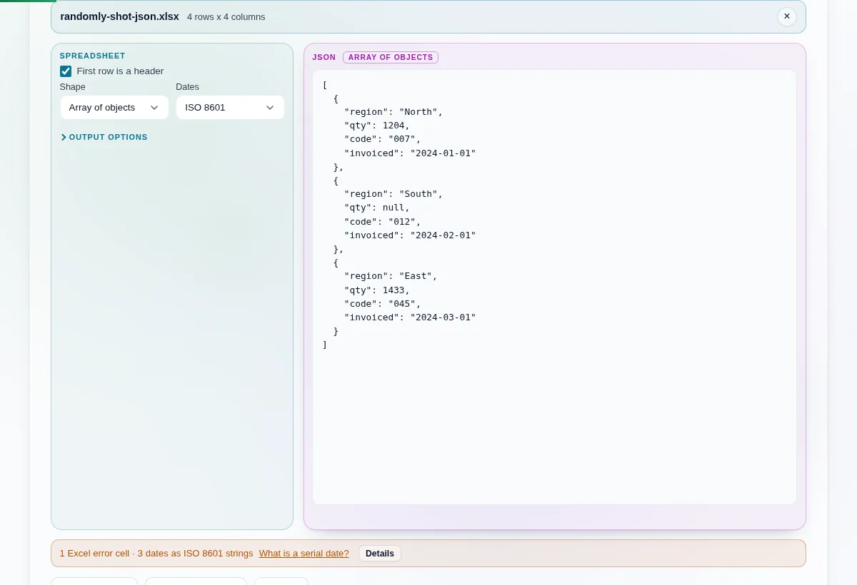 A workbook loaded with the shape set to array of objects, beside indented JSON output and a summary line counting the error cells and dates.