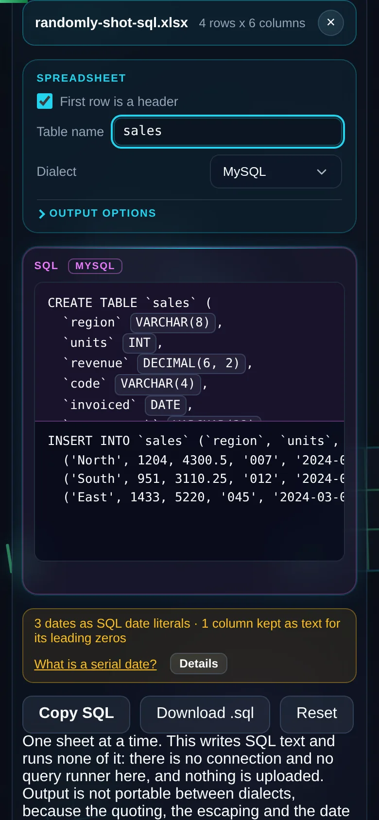 The same generator on a 390 pixel phone screen, with the dialect selector above the generated SQL.