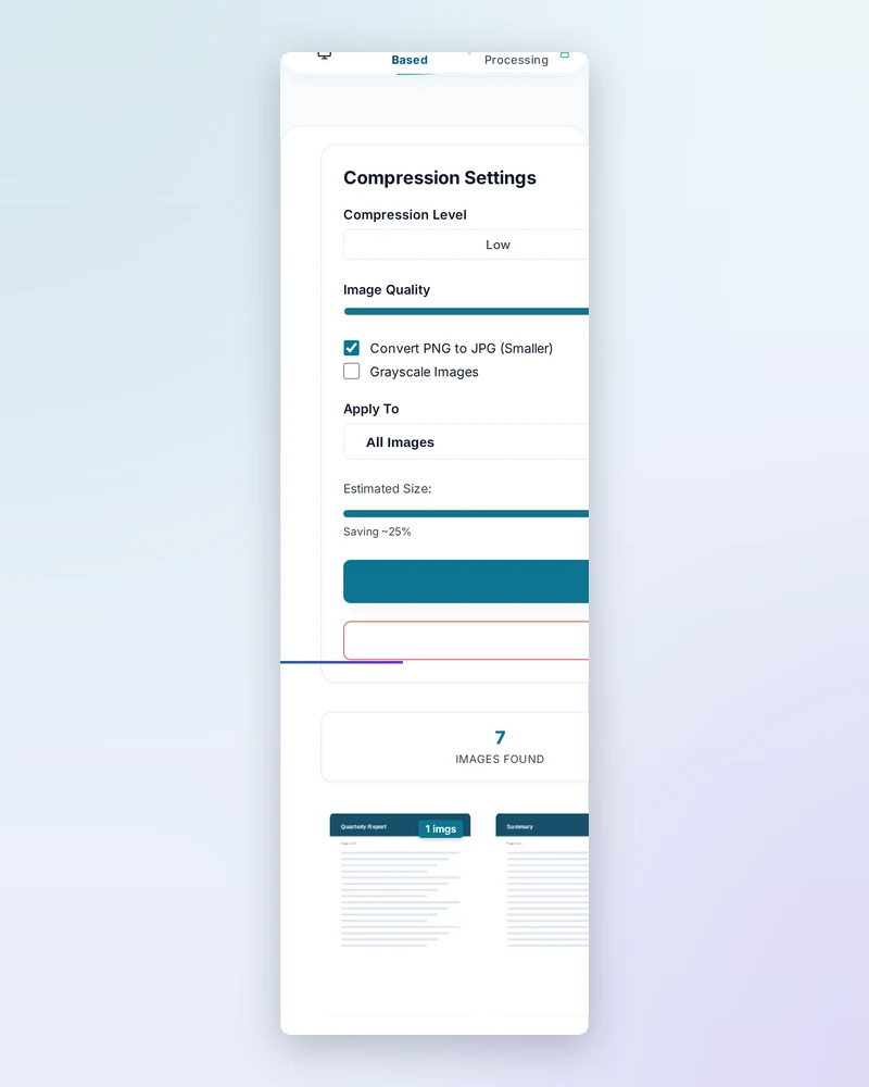 The Compress Images in PDF tool running on a mobile phone browser.