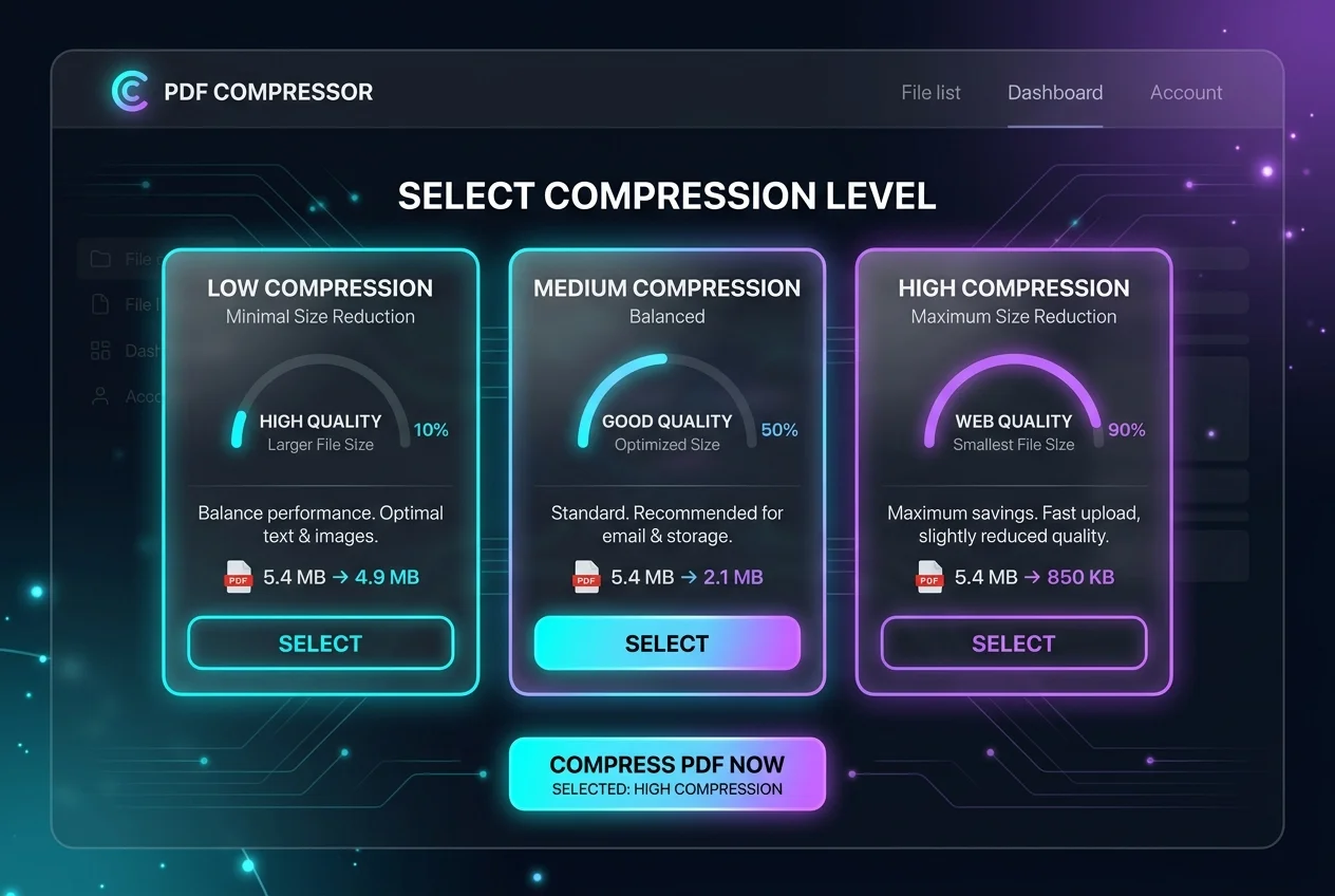 Compression settings for PDF showing Low, Balanced, and High quality levels