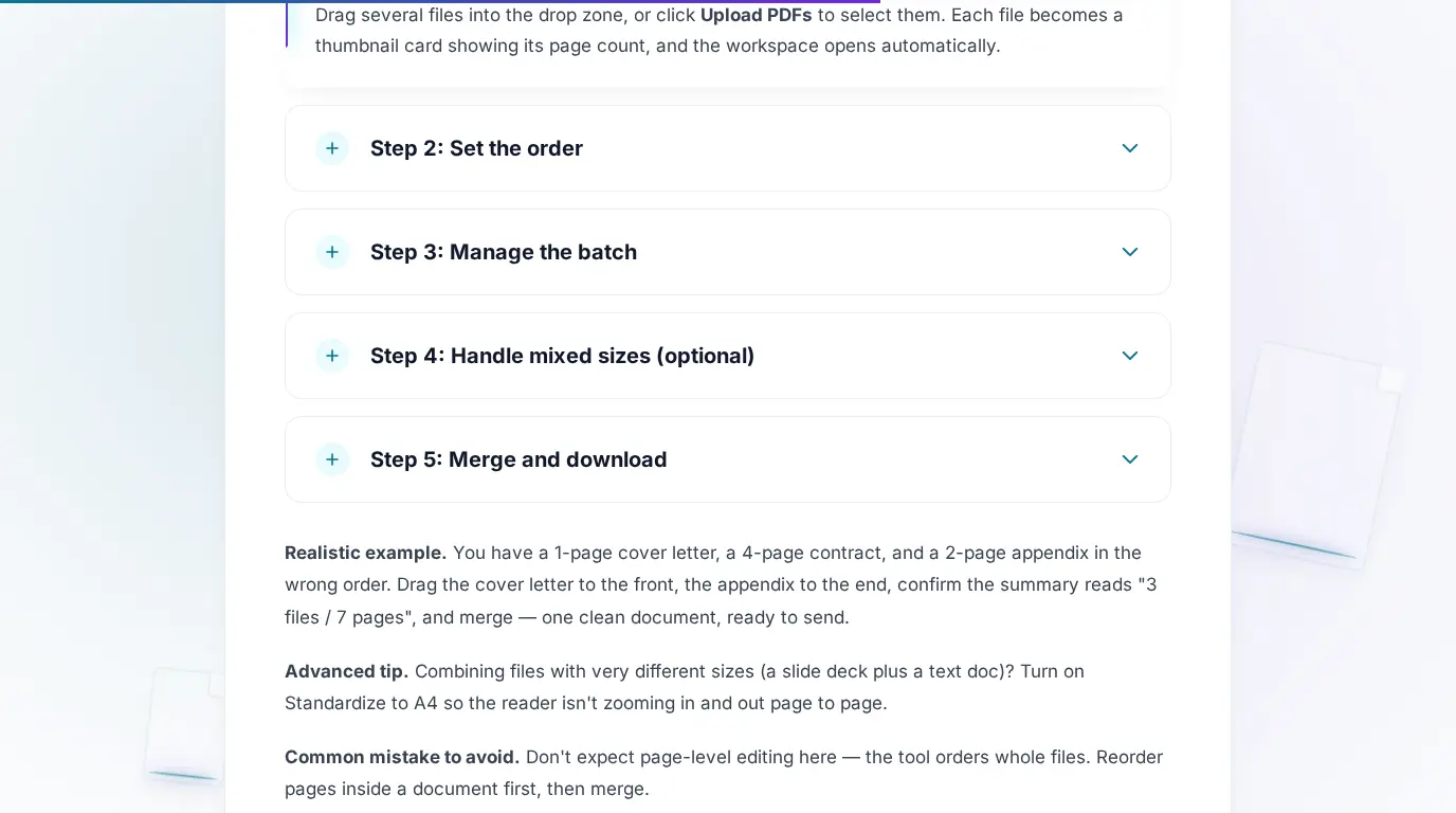 Merge PDF tool interface showing drag and drop area for multiple PDF files