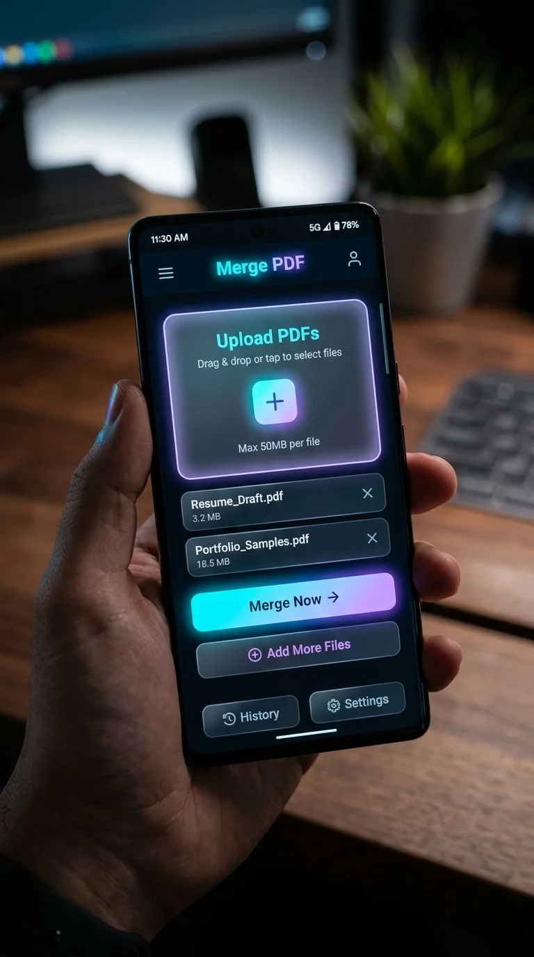 Merge PDF tool viewed on a mobile device showing responsive design