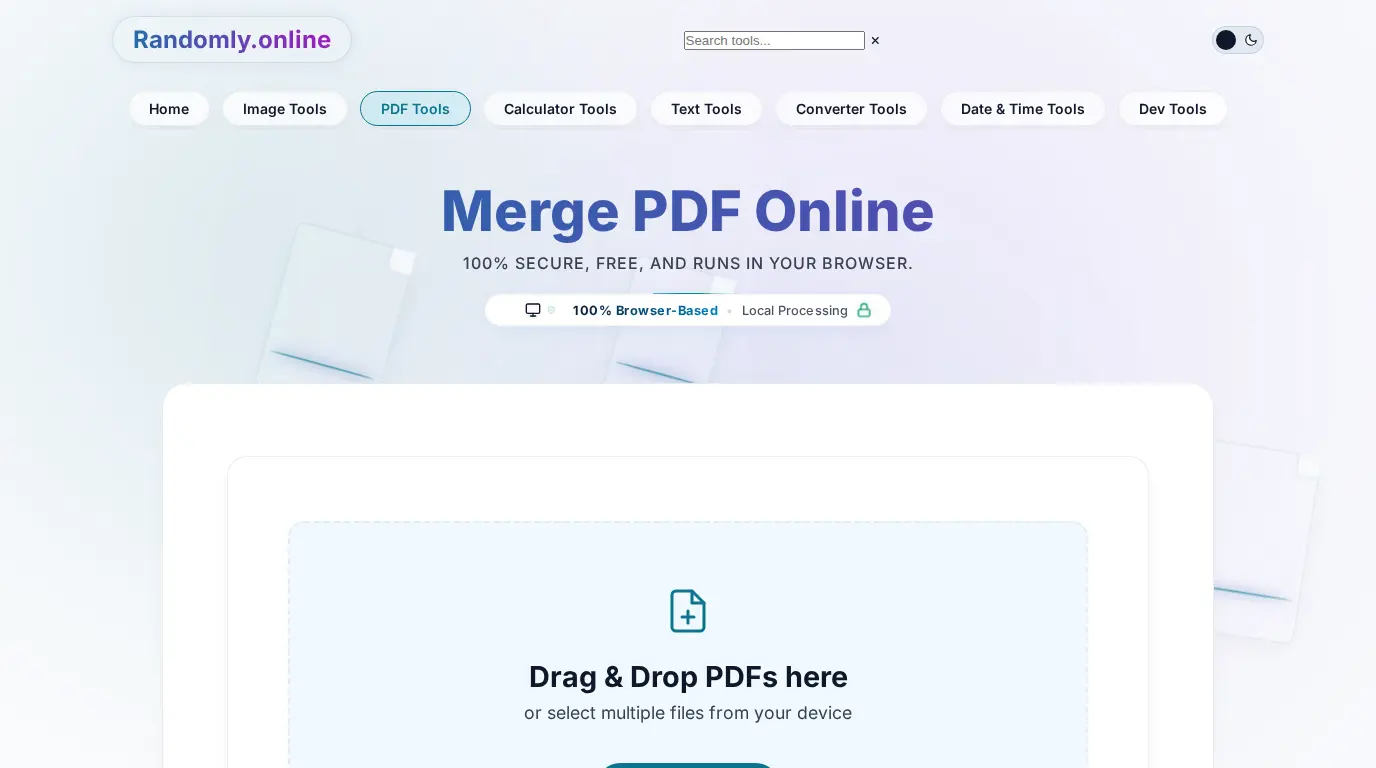 The Merge PDF tool on Randomly.online, showing the drag and drop area