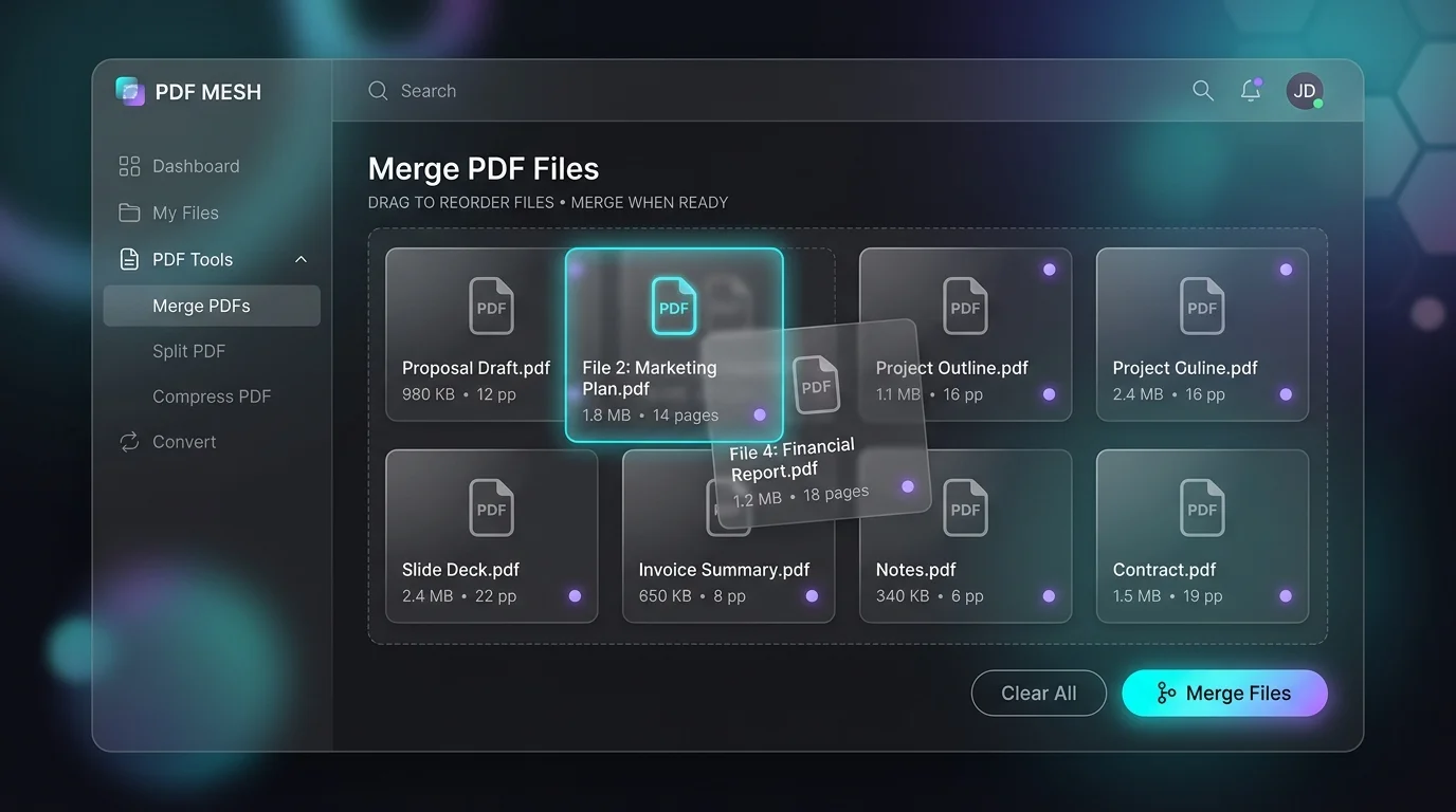 Reordering PDF files by dragging thumbnail cards in Merge PDF tool