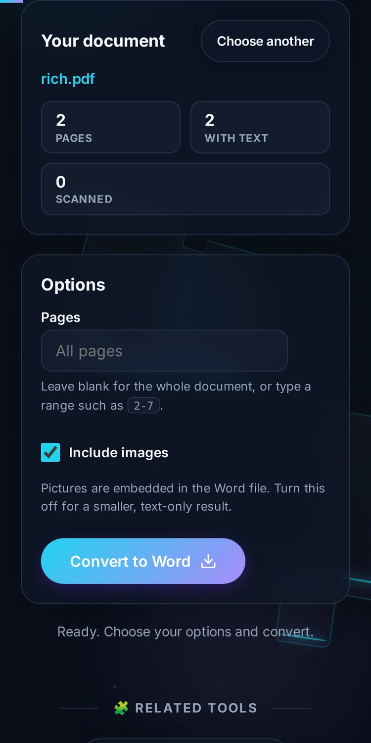 PDF to Word running in a phone browser with no app installed.