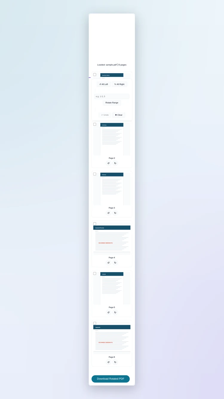 Rotate PDF running in a phone browser rotating pages by tapping, no app installed.
