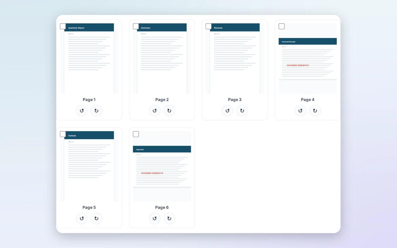 Rotate PDF page grid with left and right rotate buttons on each page thumbnail.