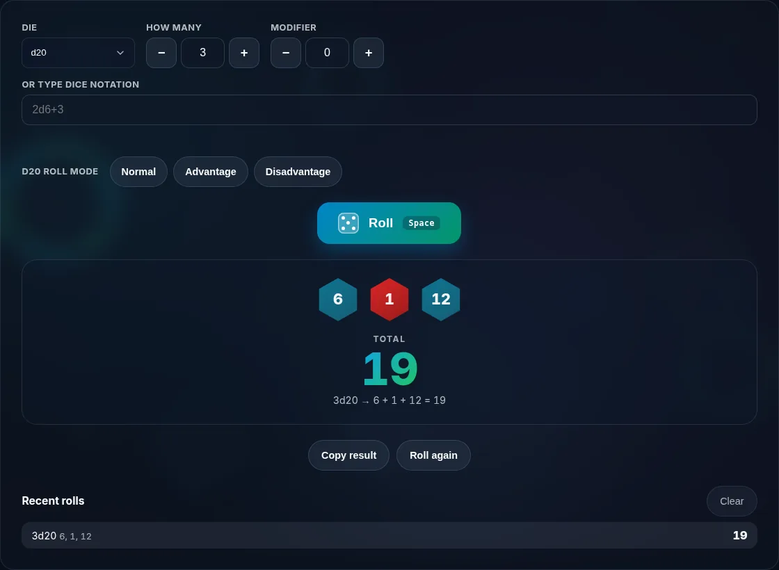 Virtual dice rolled showing each result and the total.