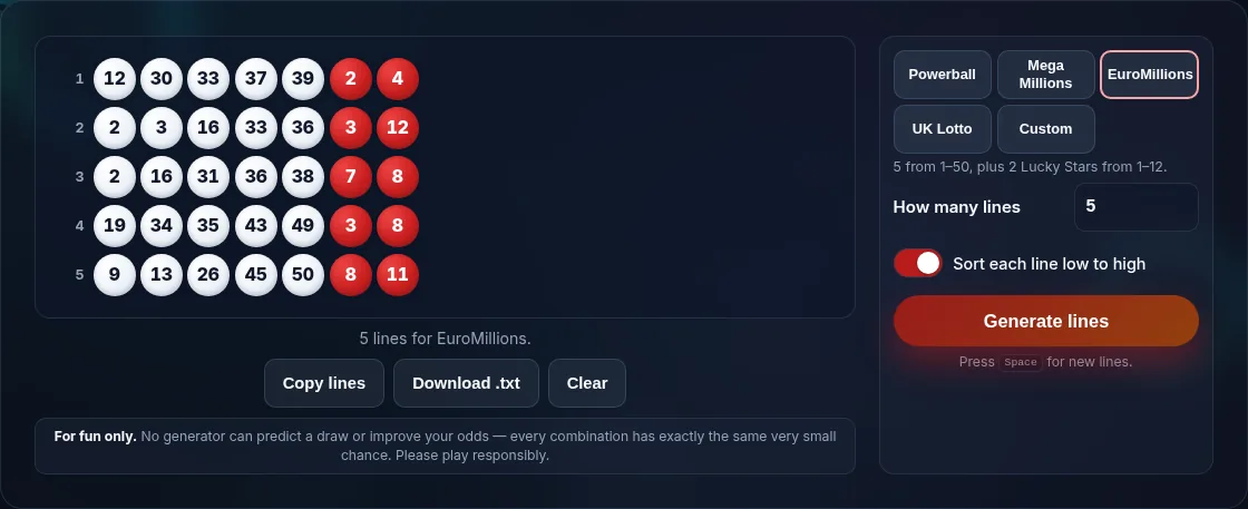 Random lottery quick-pick lines for a popular game.