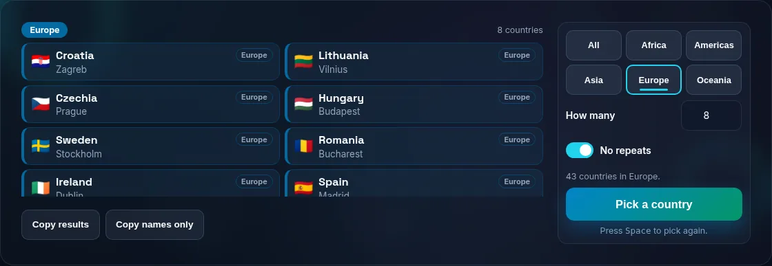 Filtering random countries by region.