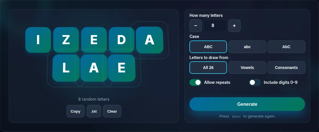 Random letters generated with case and repeat options.