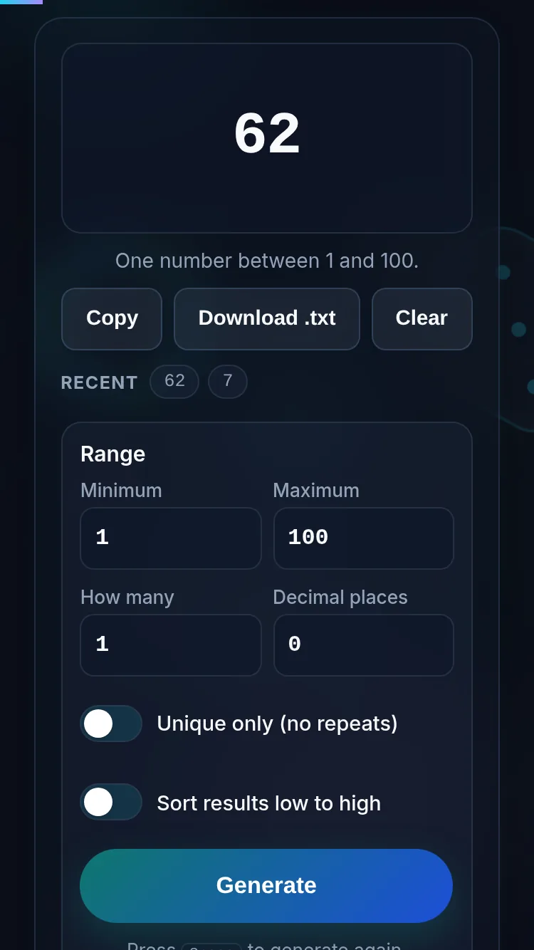 Generating a random number on a phone, no app installed.