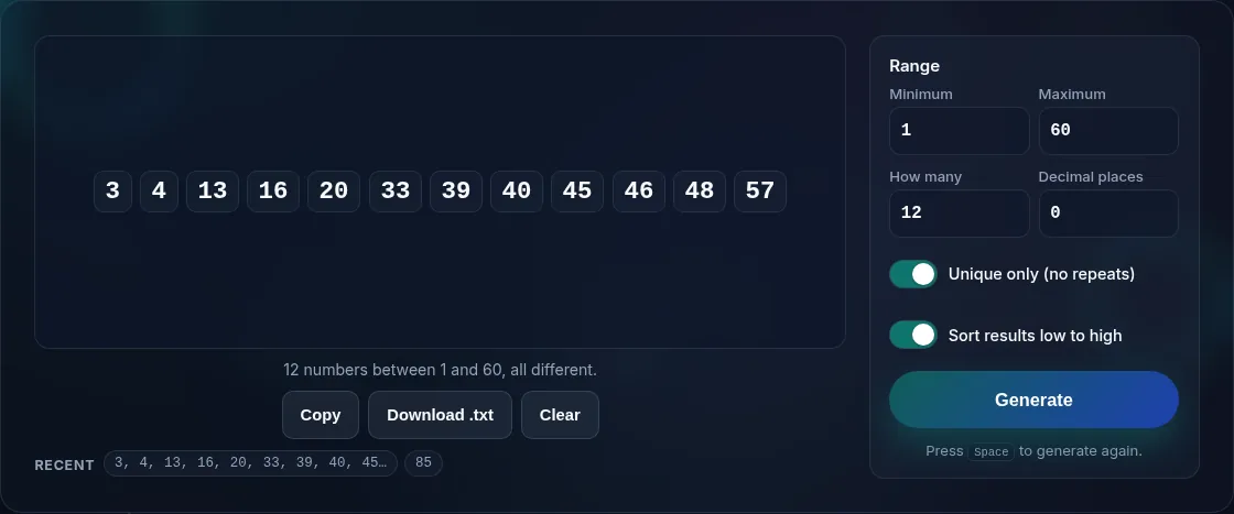 Several unique random numbers generated at once.