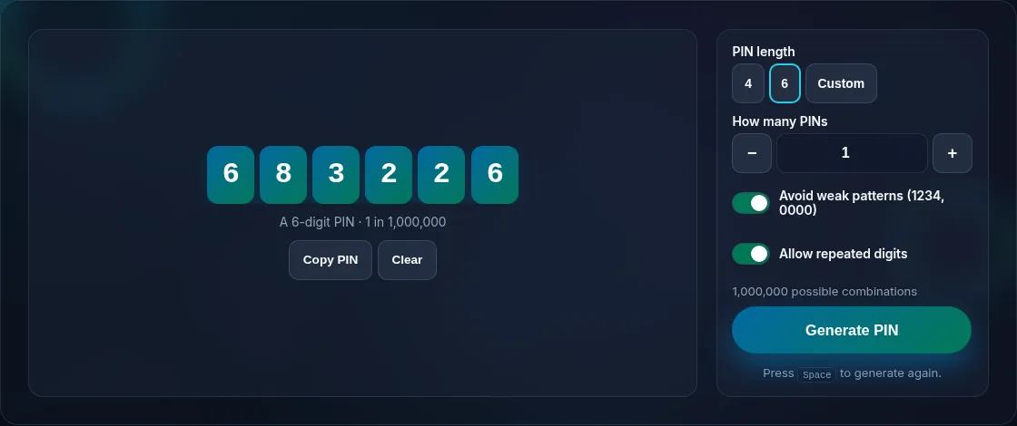 A secure random PIN with length options.
