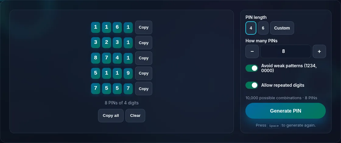 Avoid-weak-patterns option for PINs.