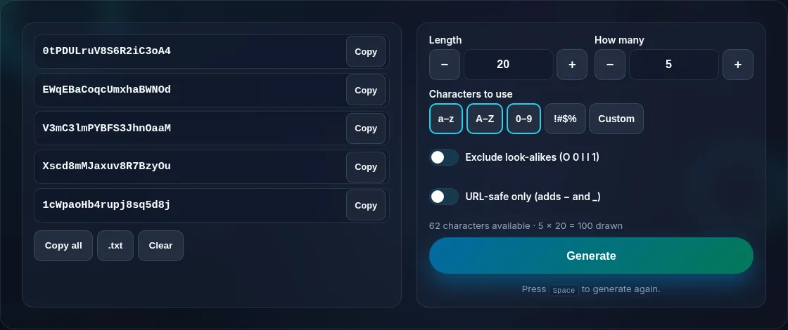 Random strings generated over a chosen character set.