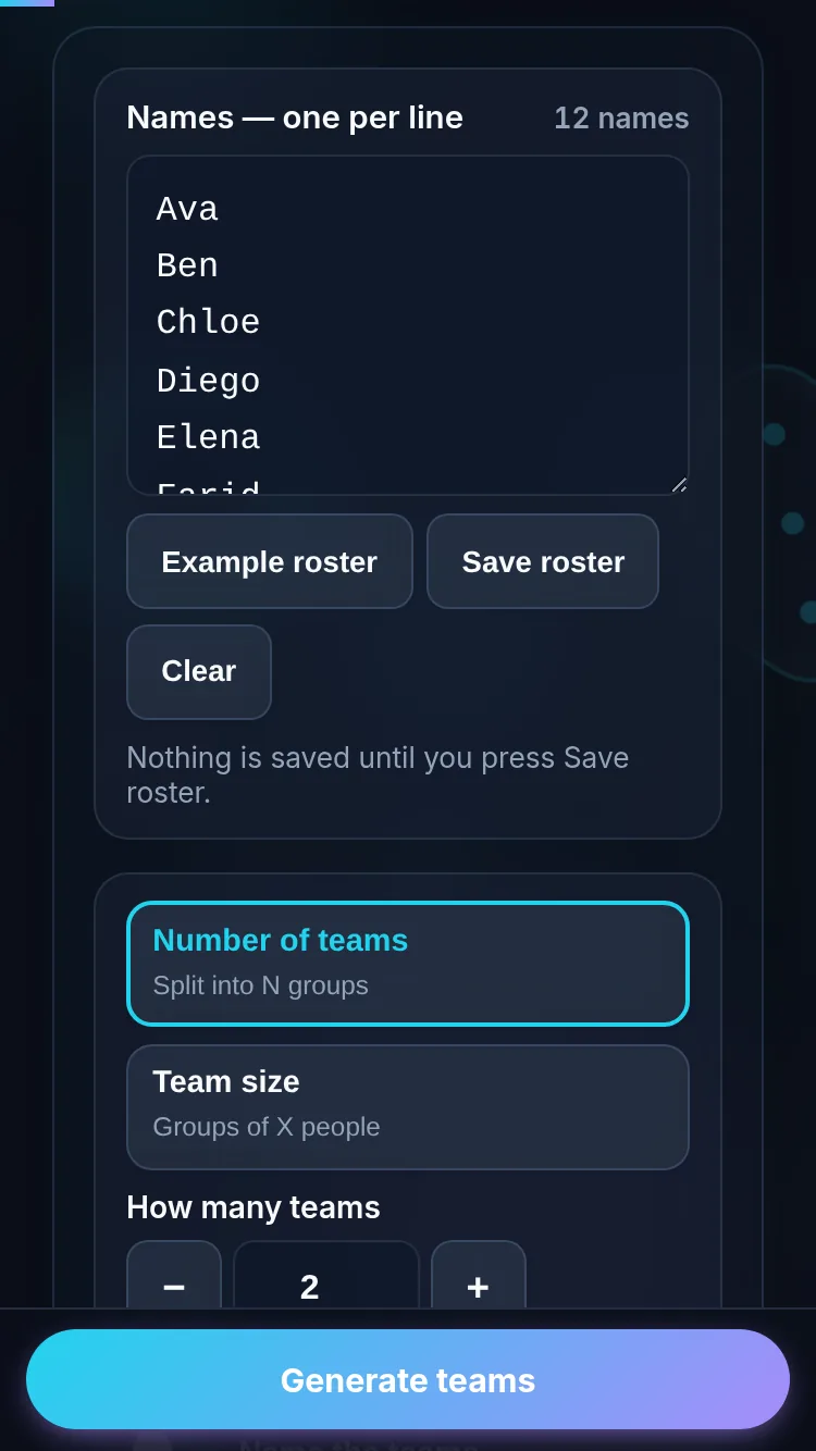 Generating teams on a phone, no app installed.